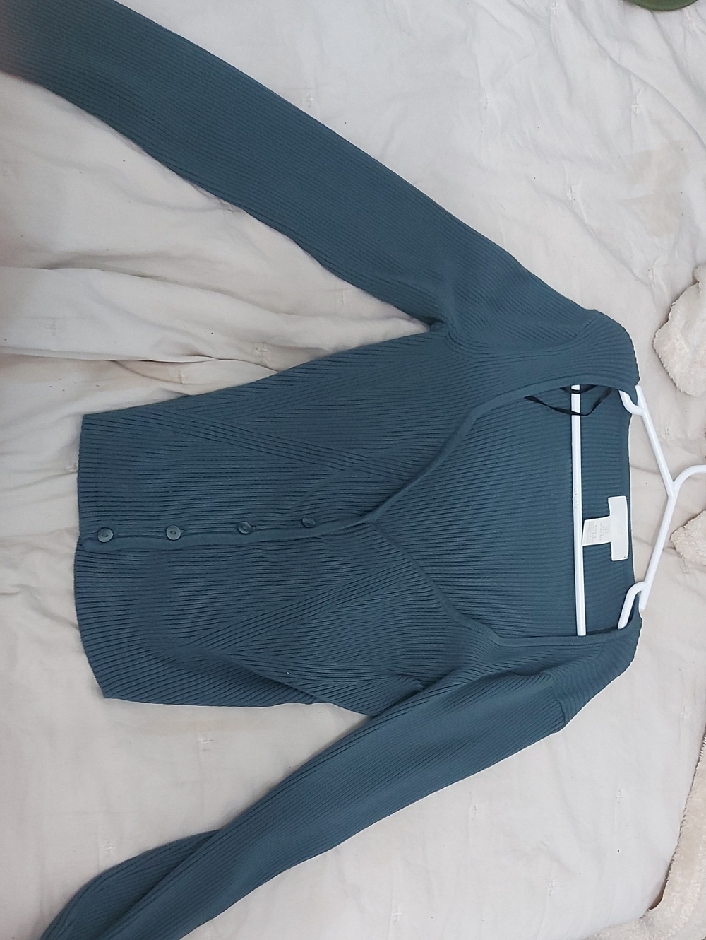 H&M Ribbed V-Neck Button-Front Cardigan - Teal Blue